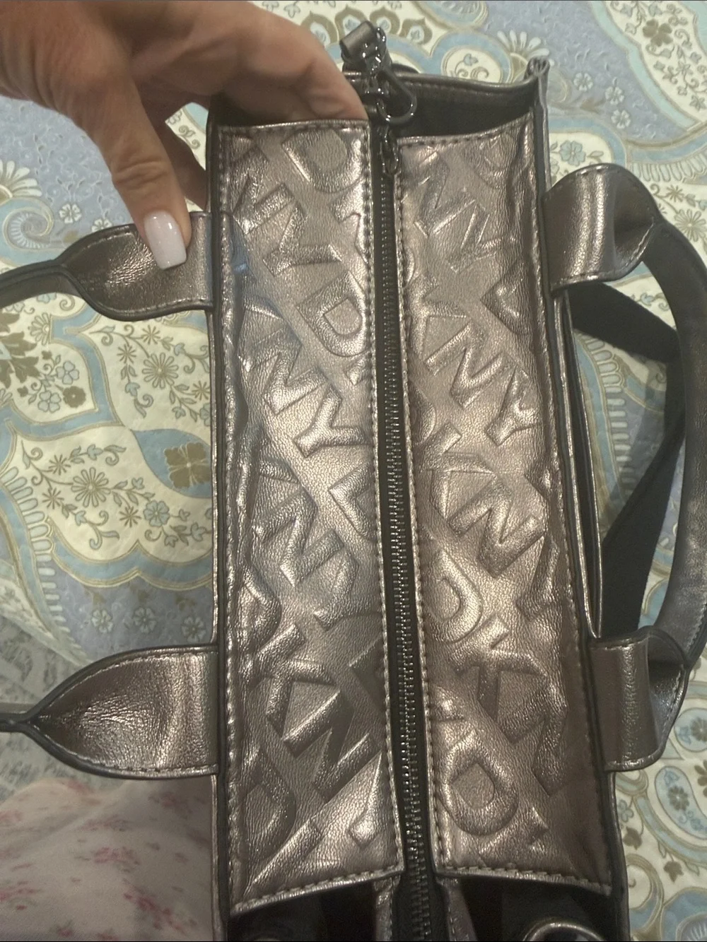 DKNY Metallic Tote Satchel with Black Strap